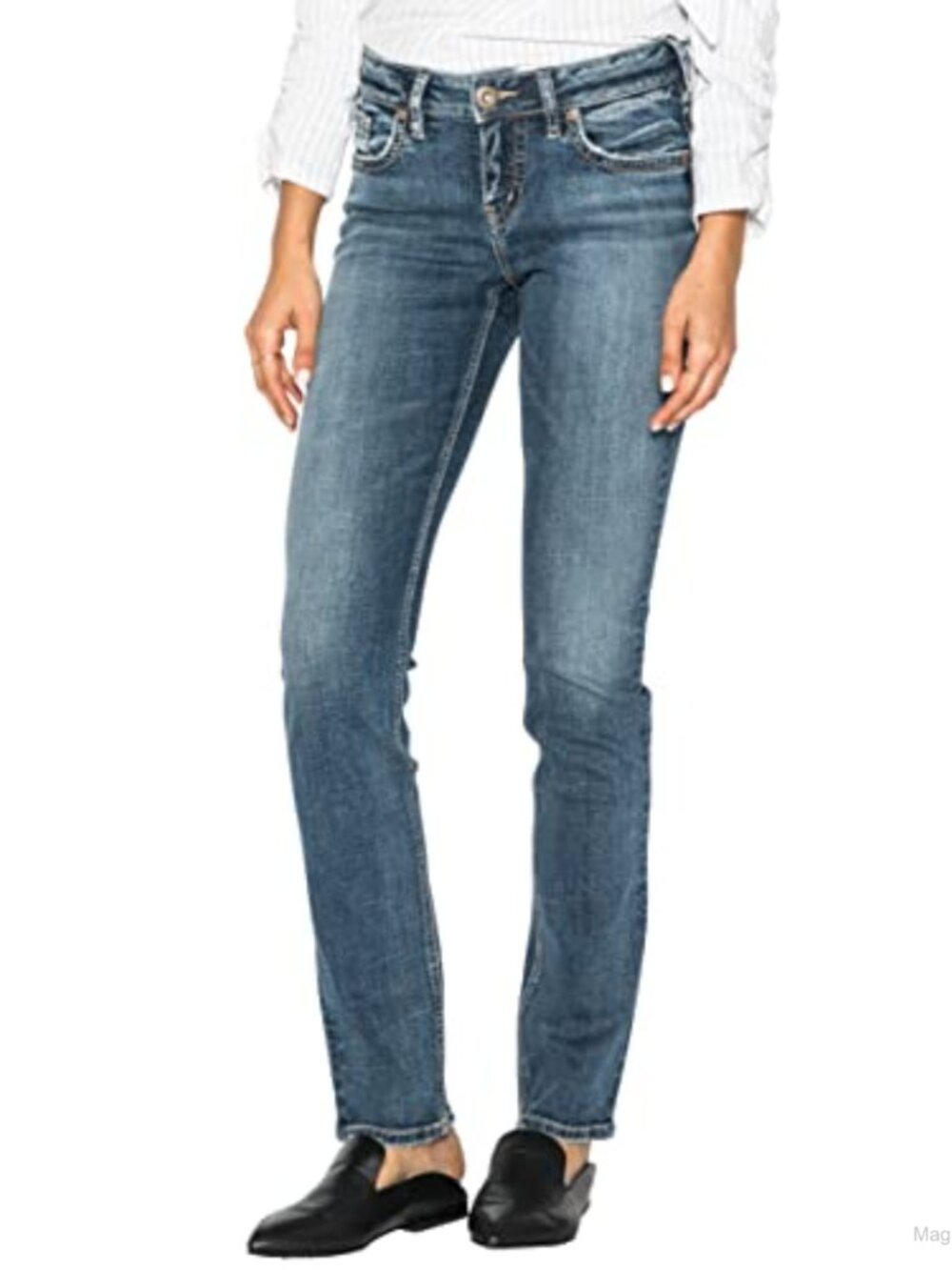 Mid Rise Curvy Fit Straight Leg Jeans Stretchy Denim 5-Pocket Zip Fly